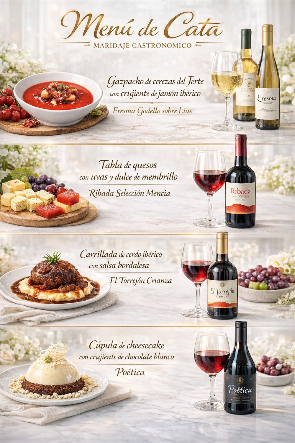 Menú de maridaje de nuestra última cata de vino: gazpacho de cerezas, tabla de quesos, carrillada ibérica y cheesecake, maridados con Eresma, Ribada, El Torrejón y Poética