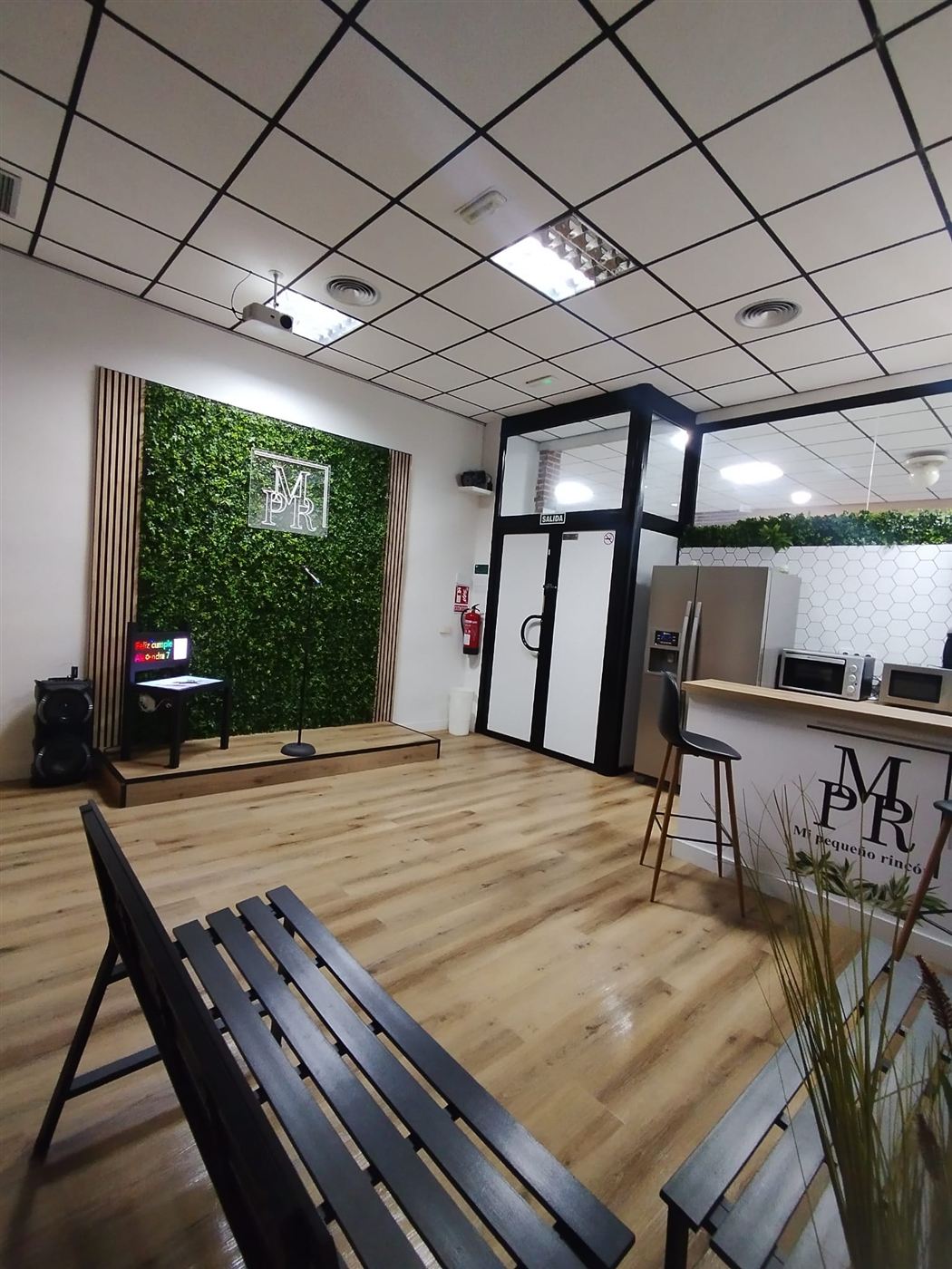 Zona de escenario y karaoke de la sala, con pared verde y barra de cocina